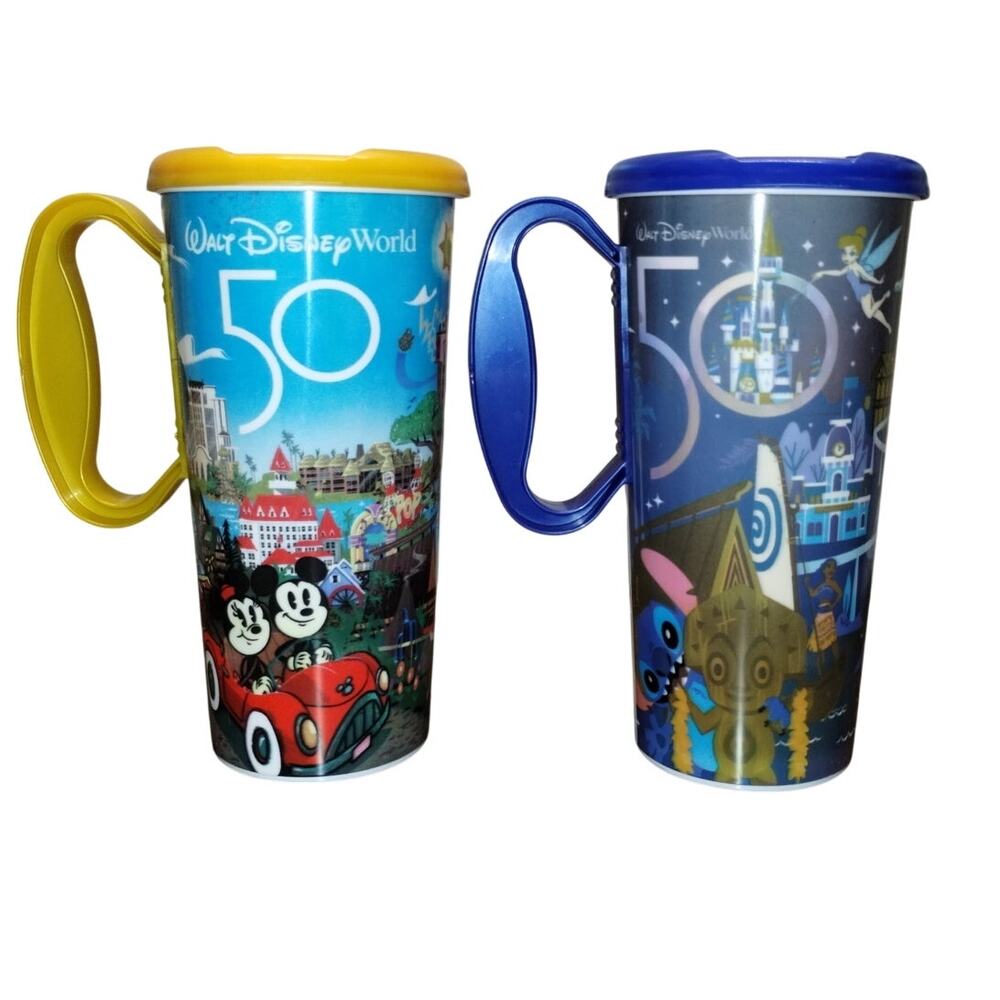 Walt Disney World 50th Anniversary Whirly Refillable Mugs & Lids Set of Two